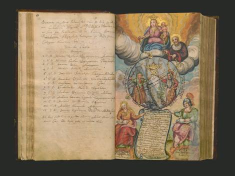 Zdjęcie nr 14 (31)
                                	                             Archiwum UJ, rkps 91 ½, s. 67: Matka Boża z Dzieciątkiem Jezus i św. Jan Kanty patronują z nieba Uniwersytetowi Krakowskiemu.
                            